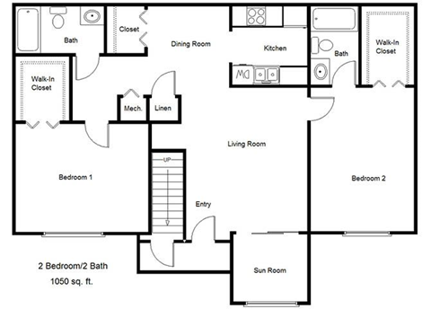 Floor plan for 2 beds, 2 baths, 1050 sqft